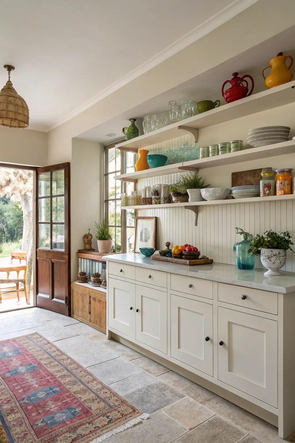 Accessible shelving offers a personal touch and space for display within your kitchen.
