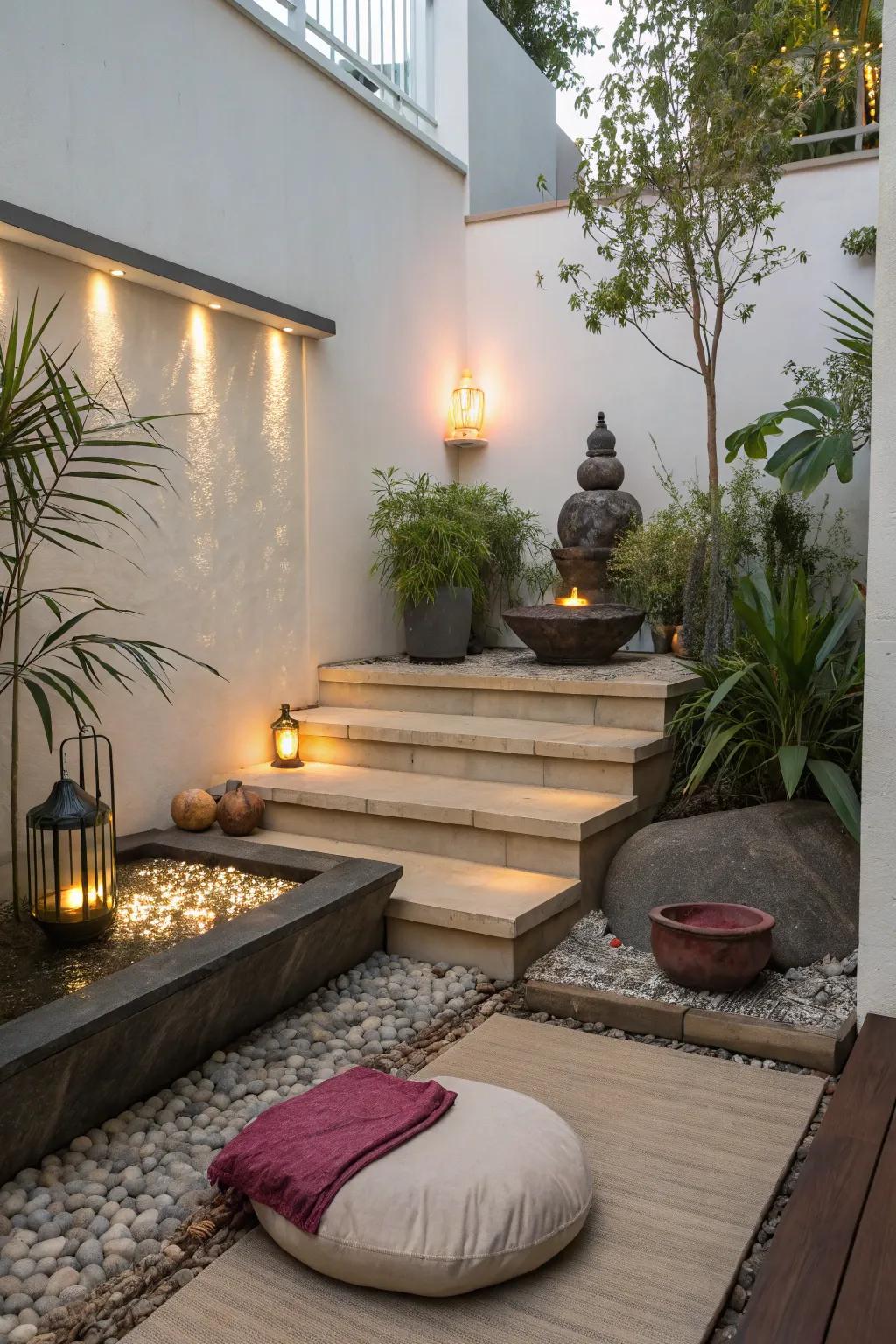 On your stair landing, create a tranquil Zen area for moments of peace.