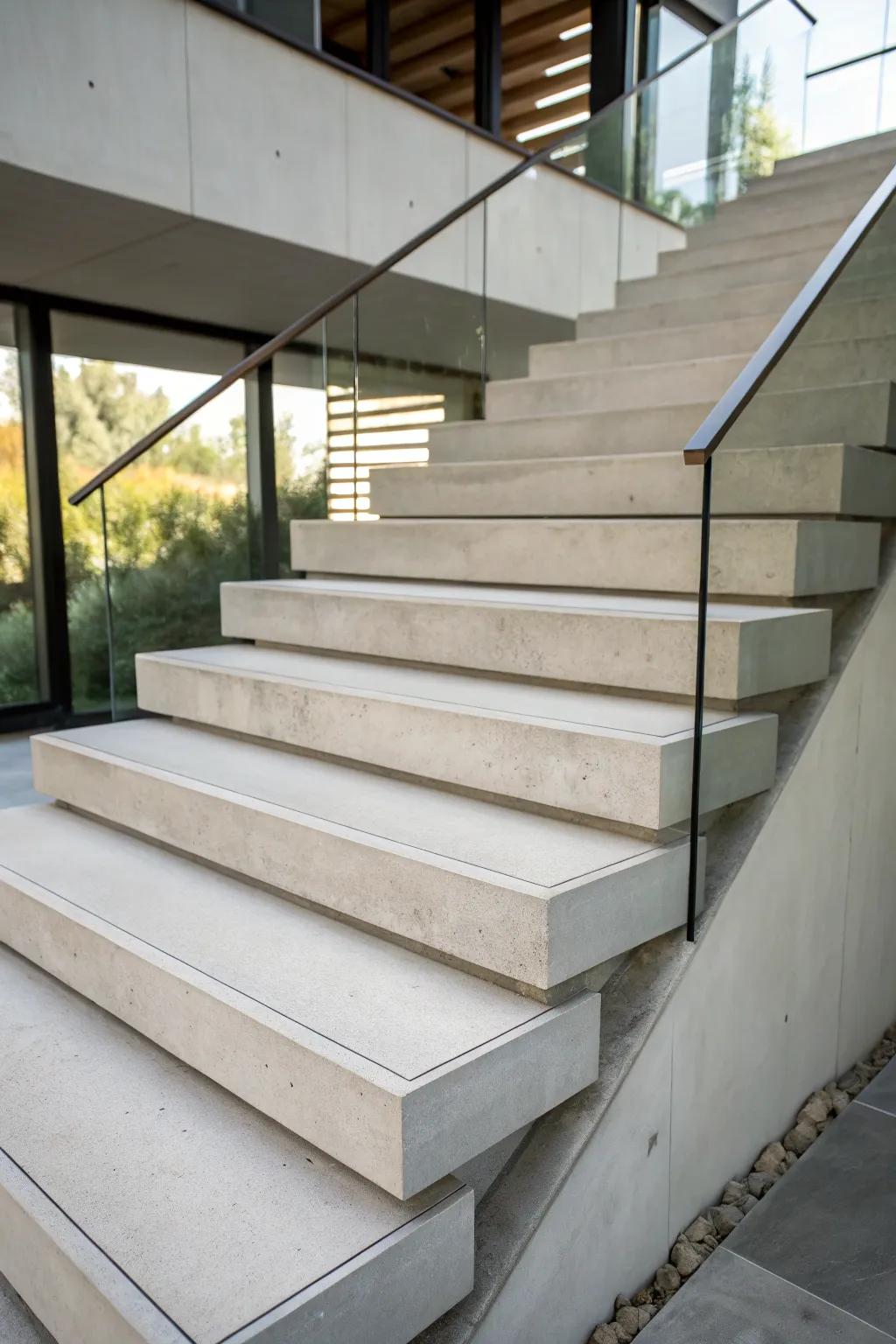 Bare stone treads epitomize minimalist industrial style.
