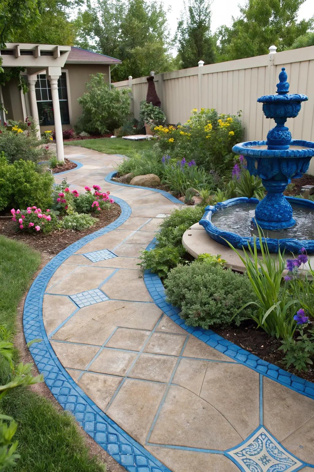 Vibrant azure highlights convey playful hue to this garden.