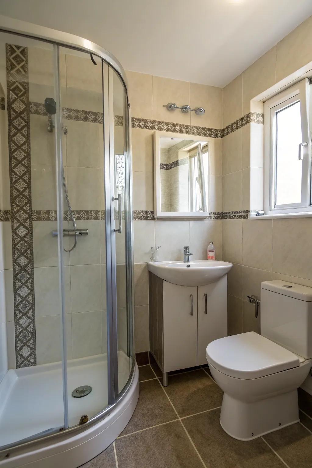 Corner showers maximize area in smaller bathrooms.