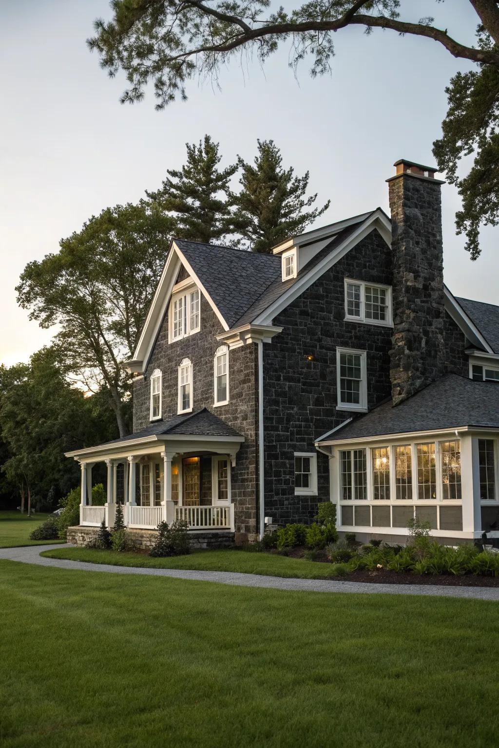 A striking home facade featuring bold, shadow stone elements.