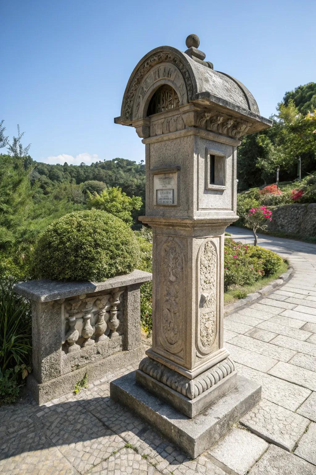 A classic stone mailbox pillar with a graceful archway.
