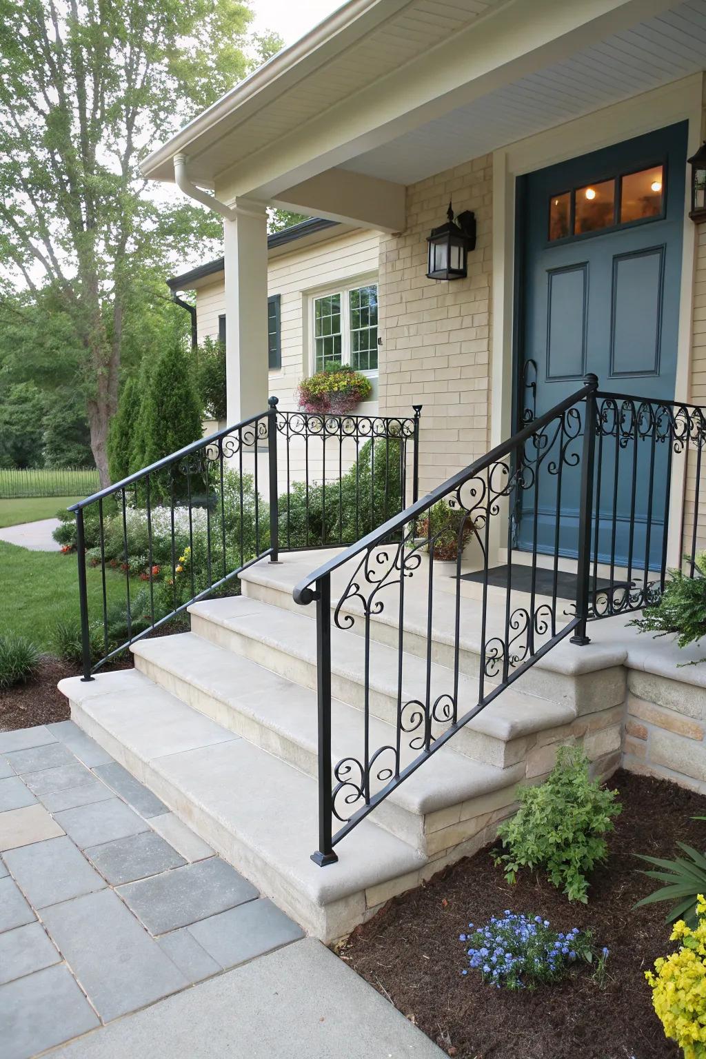 Elegant railings boost the stoop’s appeal.