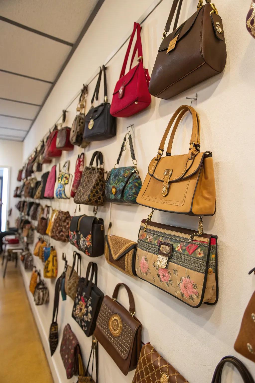 Dedicated wall creatively displaying handbags.