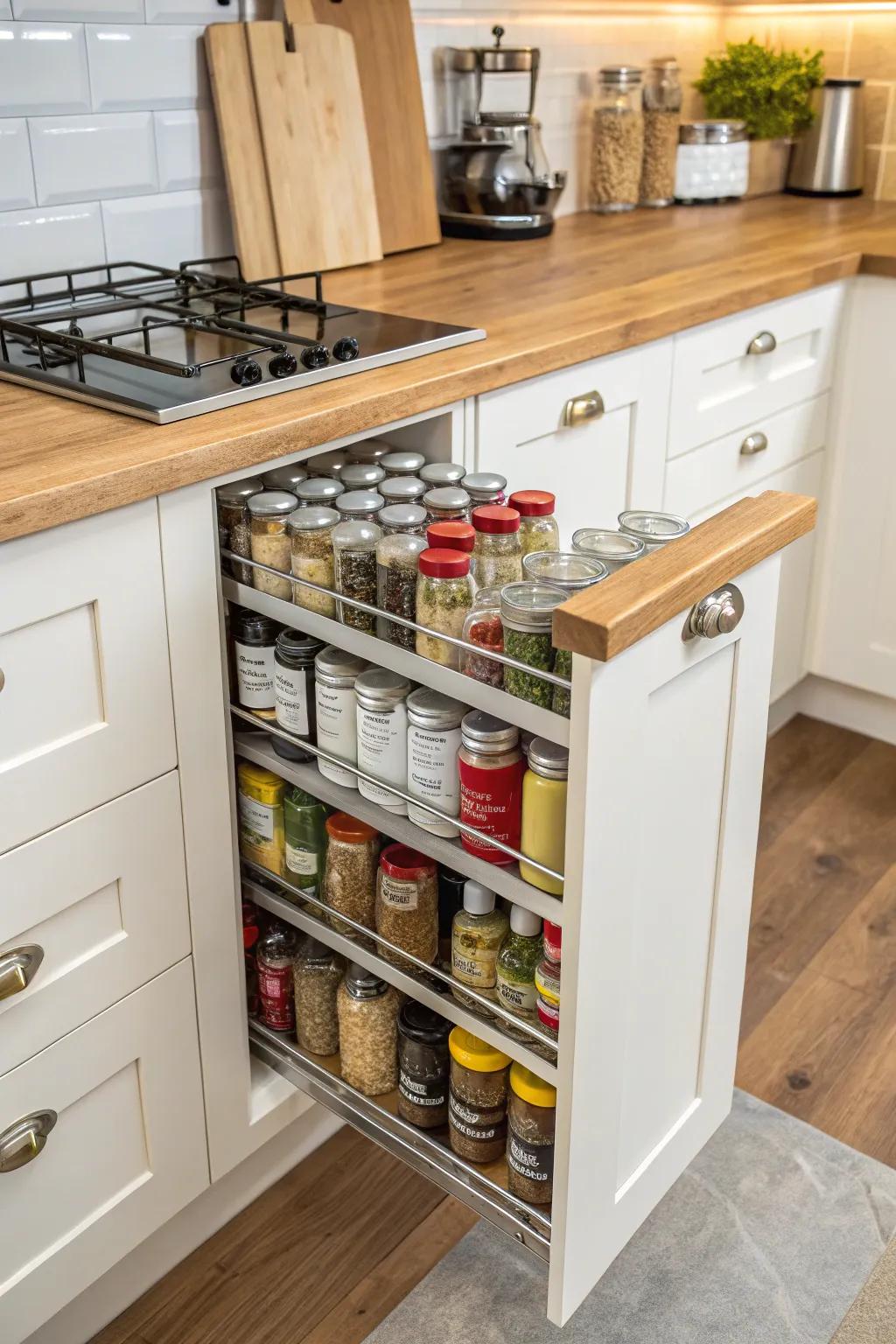 Keep your spices arranged with a hidden pull-out rack.