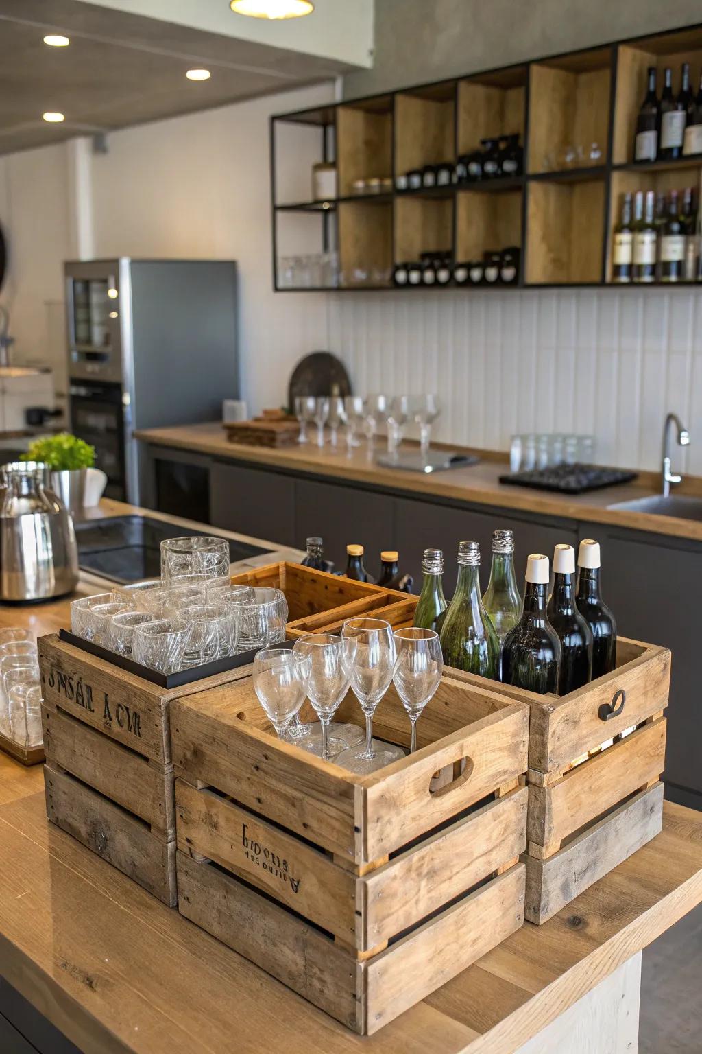 Vintage crates add a rustic touch to glass storage.