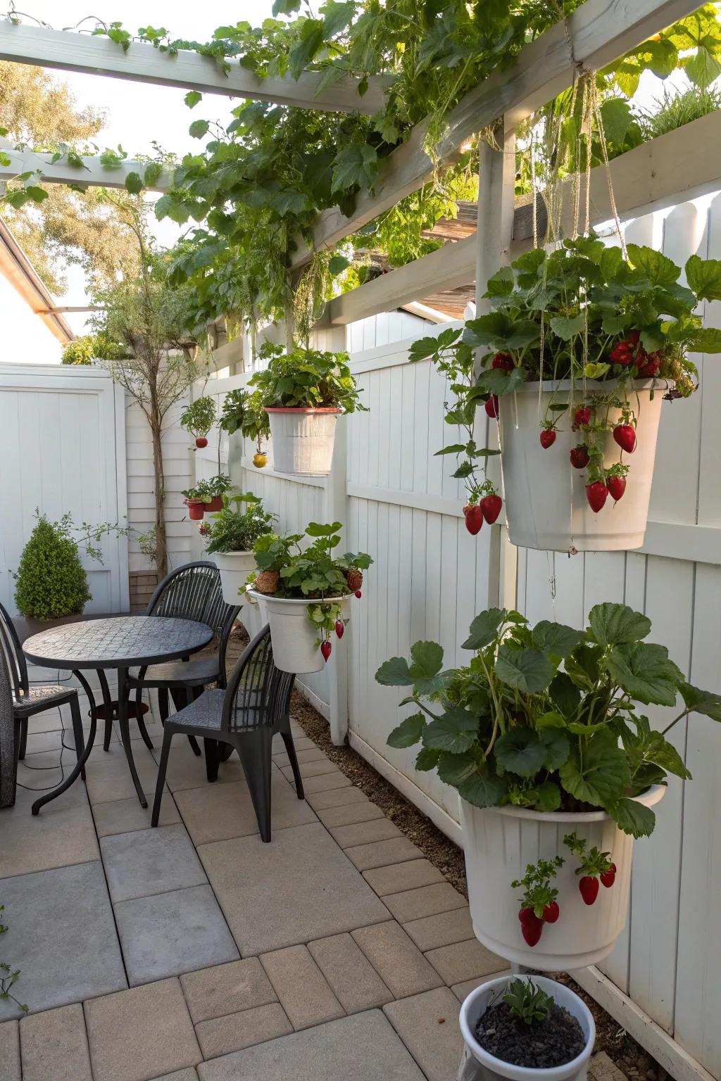 Strawberries that hang from upside-down planters.