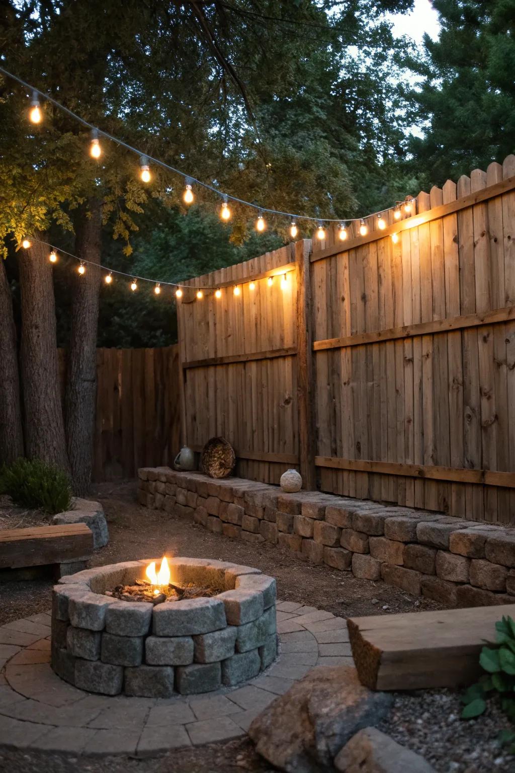 A natural wood barrier provides a charming backdrop for twinkle garlands.