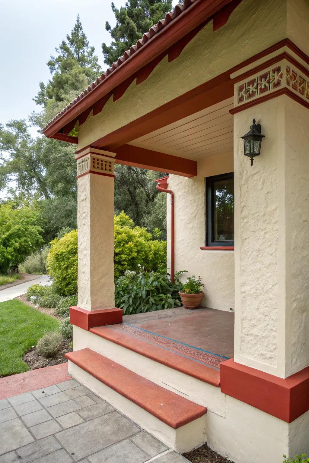 Color contrasts create a striking look on the stucco porch.