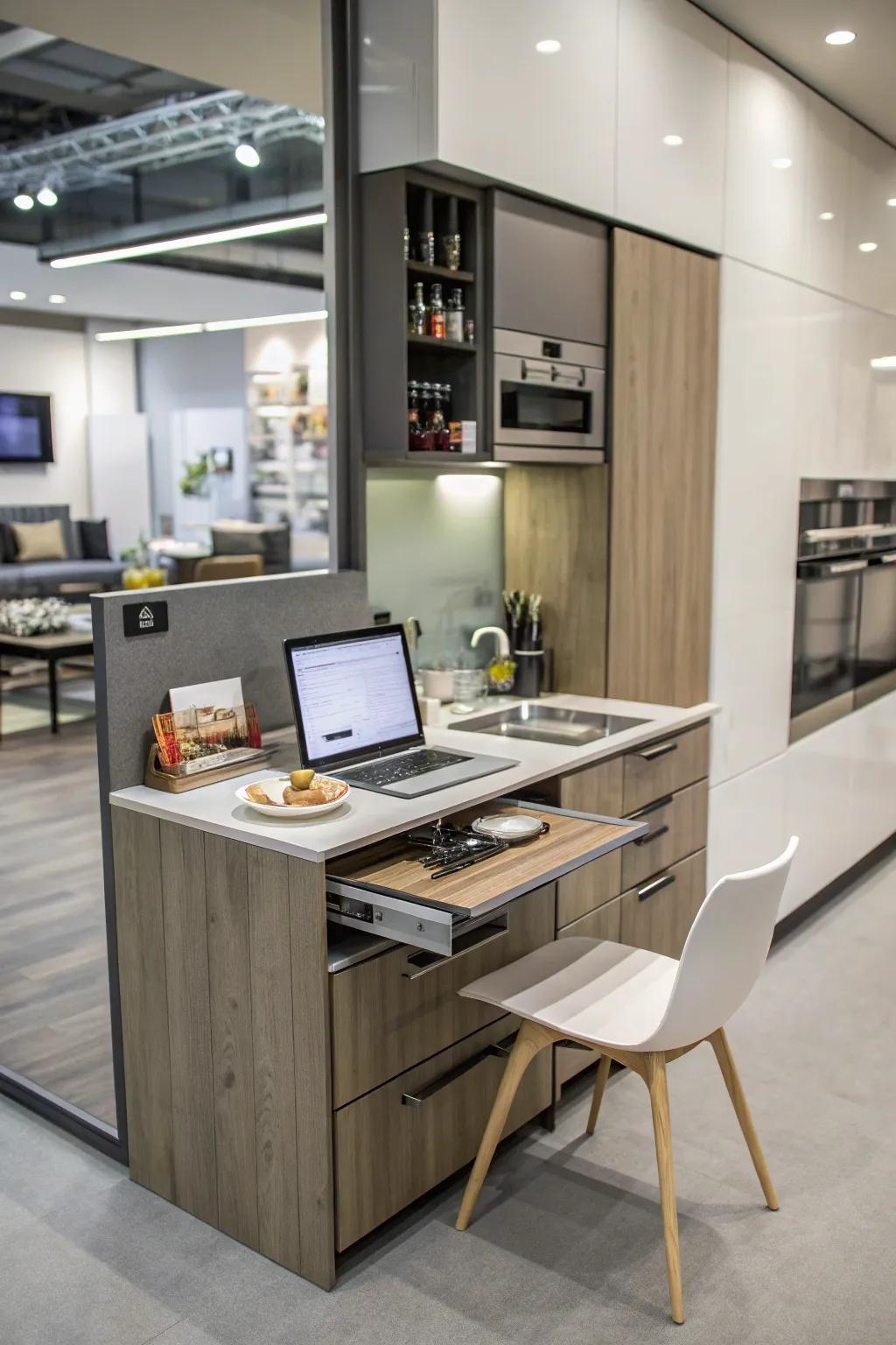 A hidden workspace enriches the versatility of a studio kitchen.