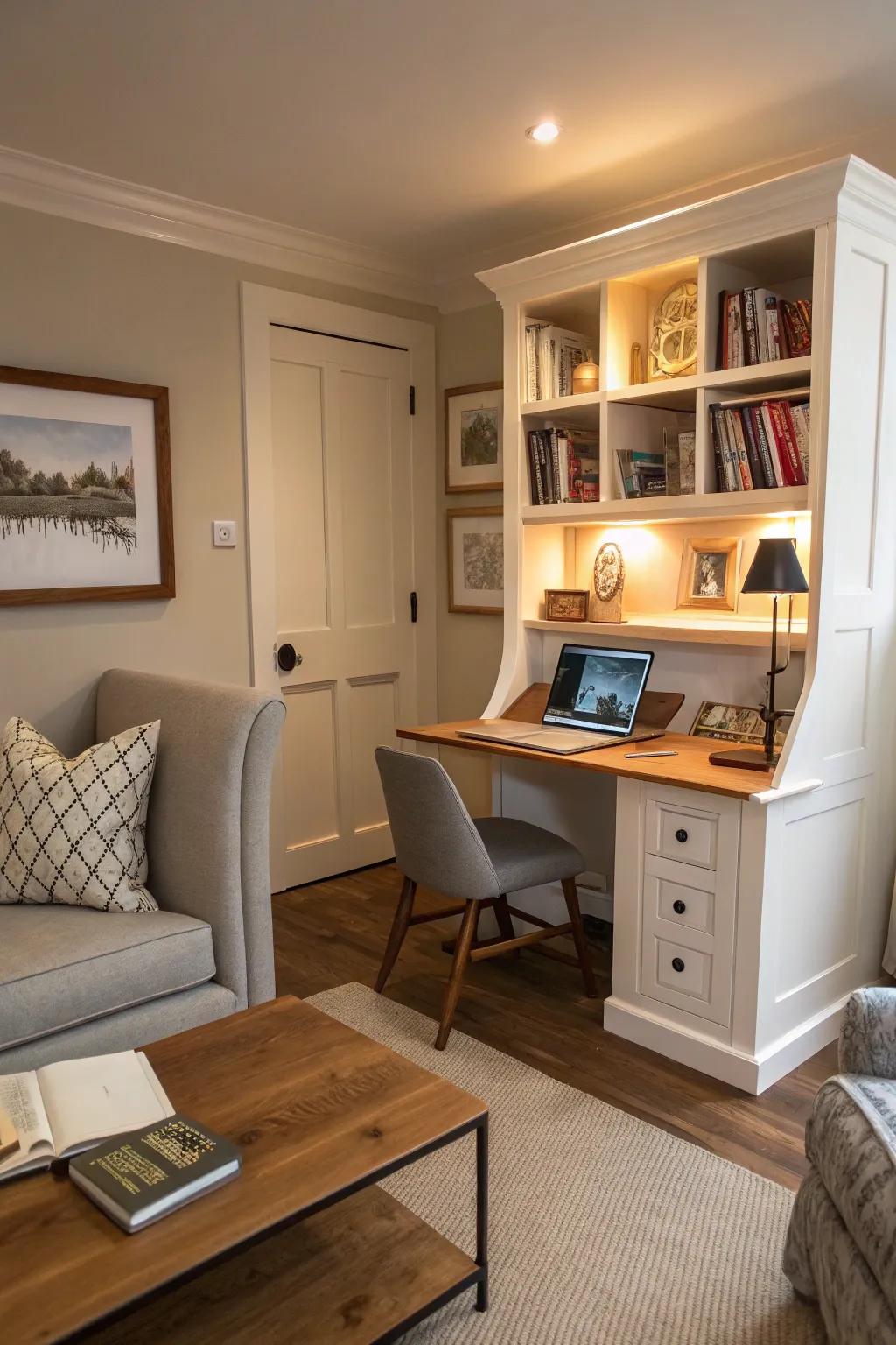 Concealed study zones maximize functionality in compact areas.