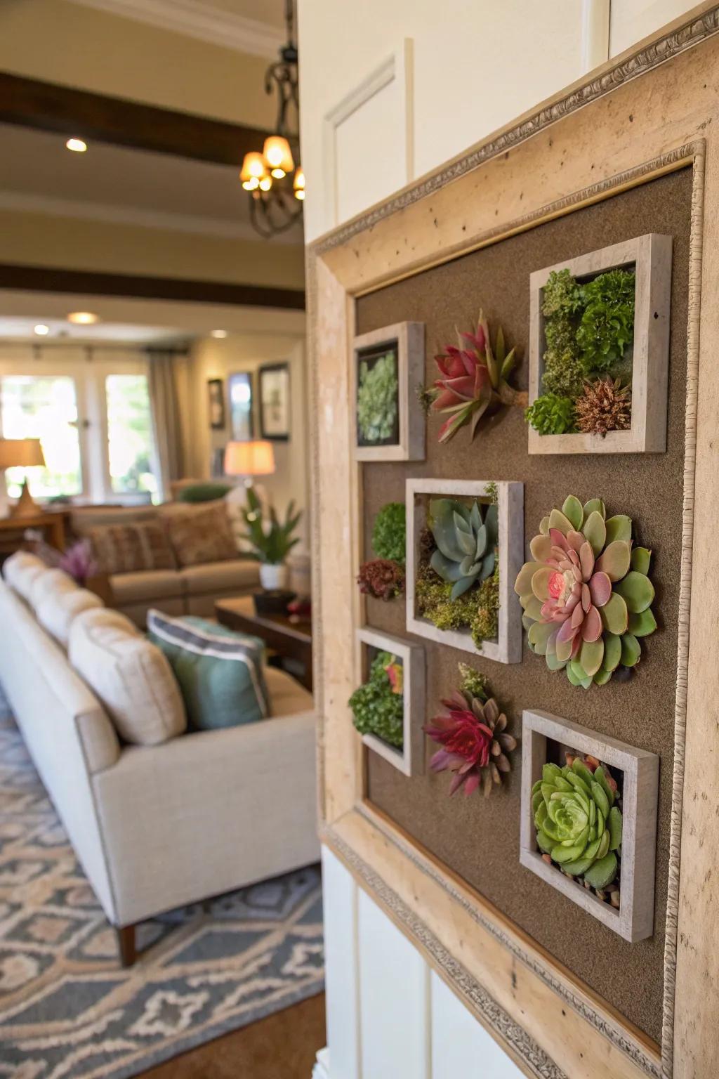 Display case frames encompassing succulents enrich your embellishment with profundity.