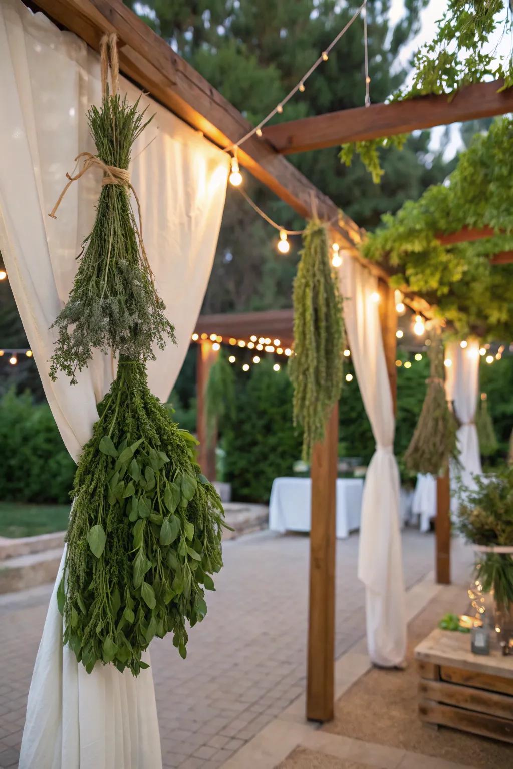 A fragrant sukkah embellished with suspended arrangements of fresh herbs.