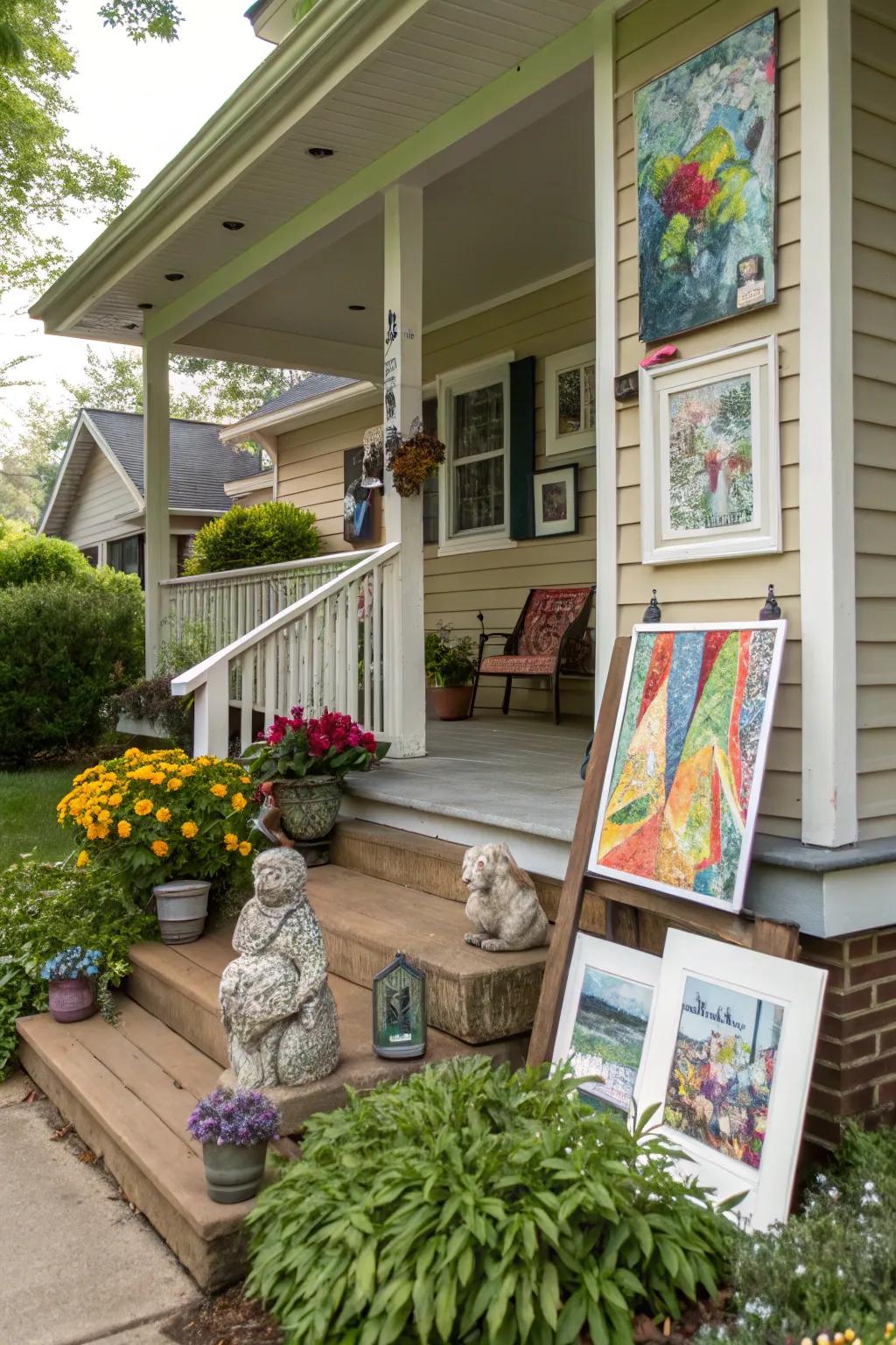 Outdoor art adds a creative flair to the porch.