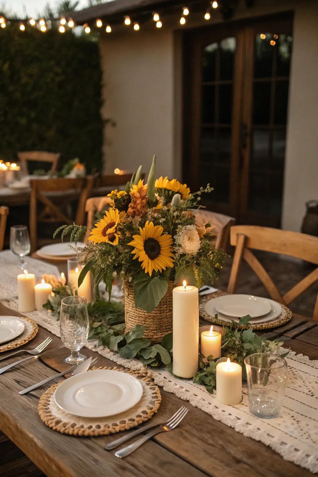 Elevate your dining experience with a sunflower centerpiece.