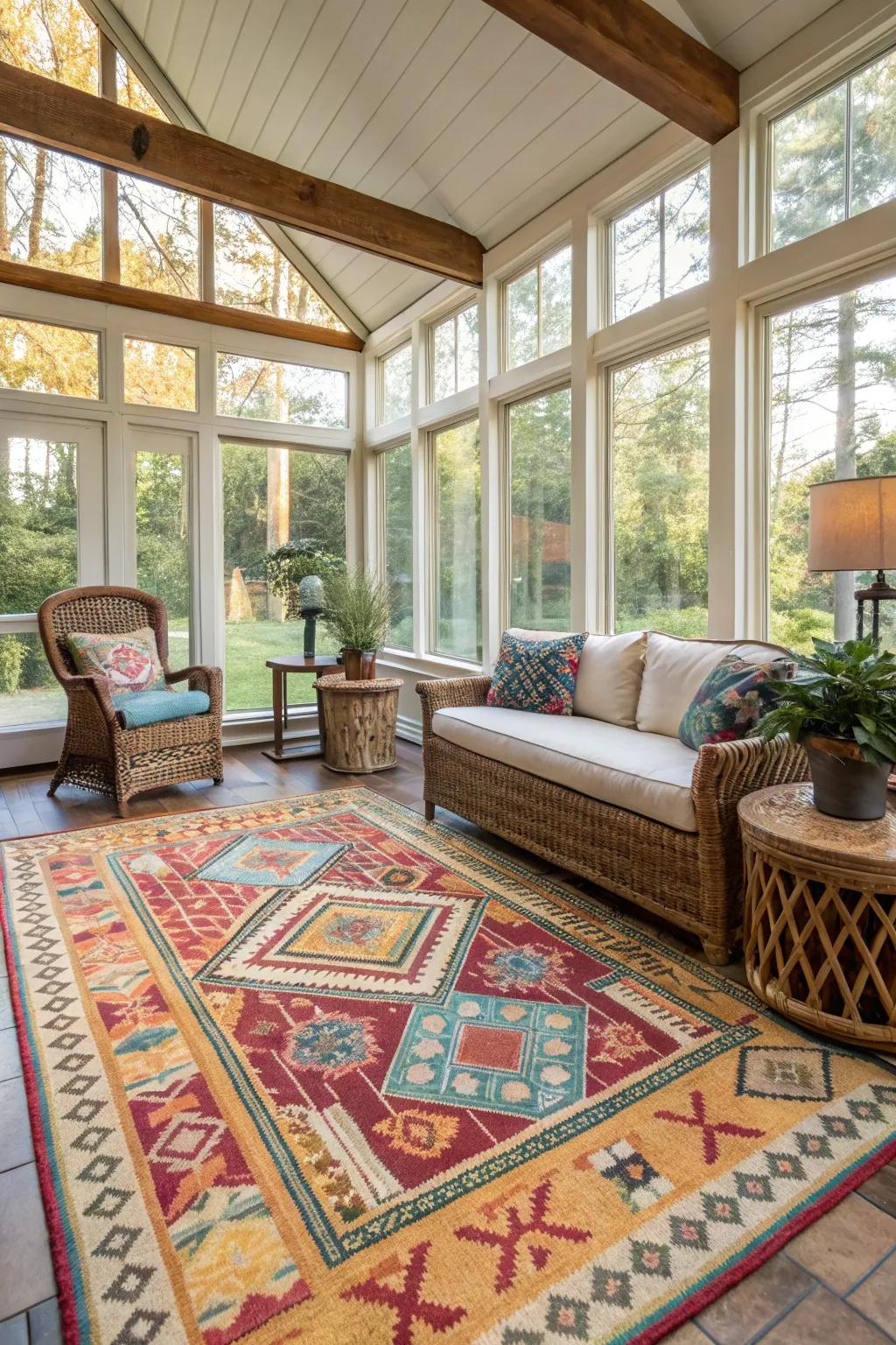 A patterned carpet enhances the texture and design of the sunroom.