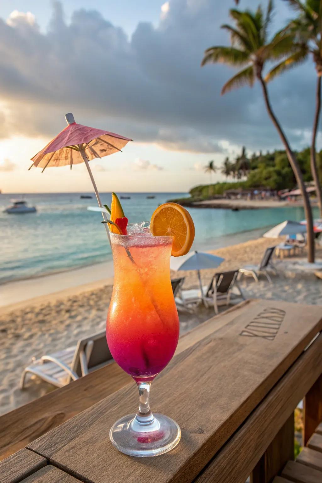 A trademark cocktail mirroring sunset shades at a beachside bar.