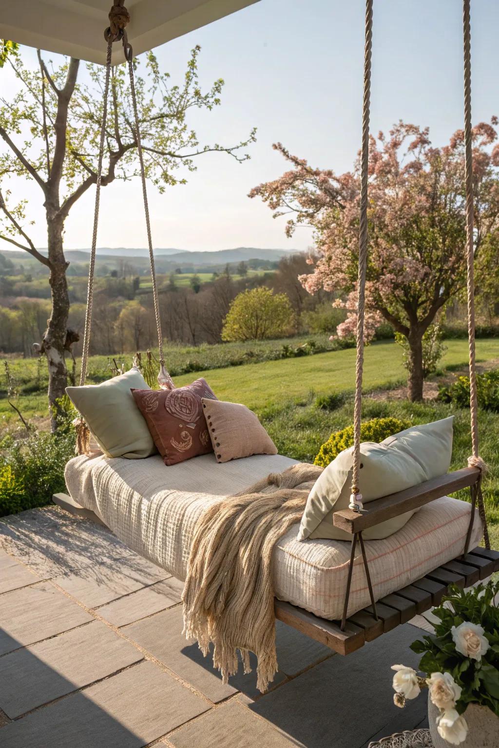 A swing bed furnishes an oasis of comfort and leisure.