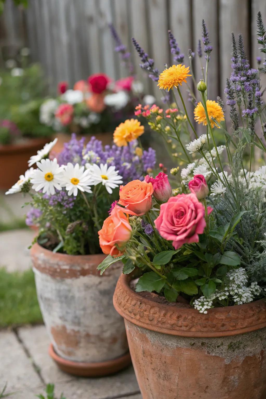 A warm, homespun centerpiece featuring sunflowers in earthenware pots.