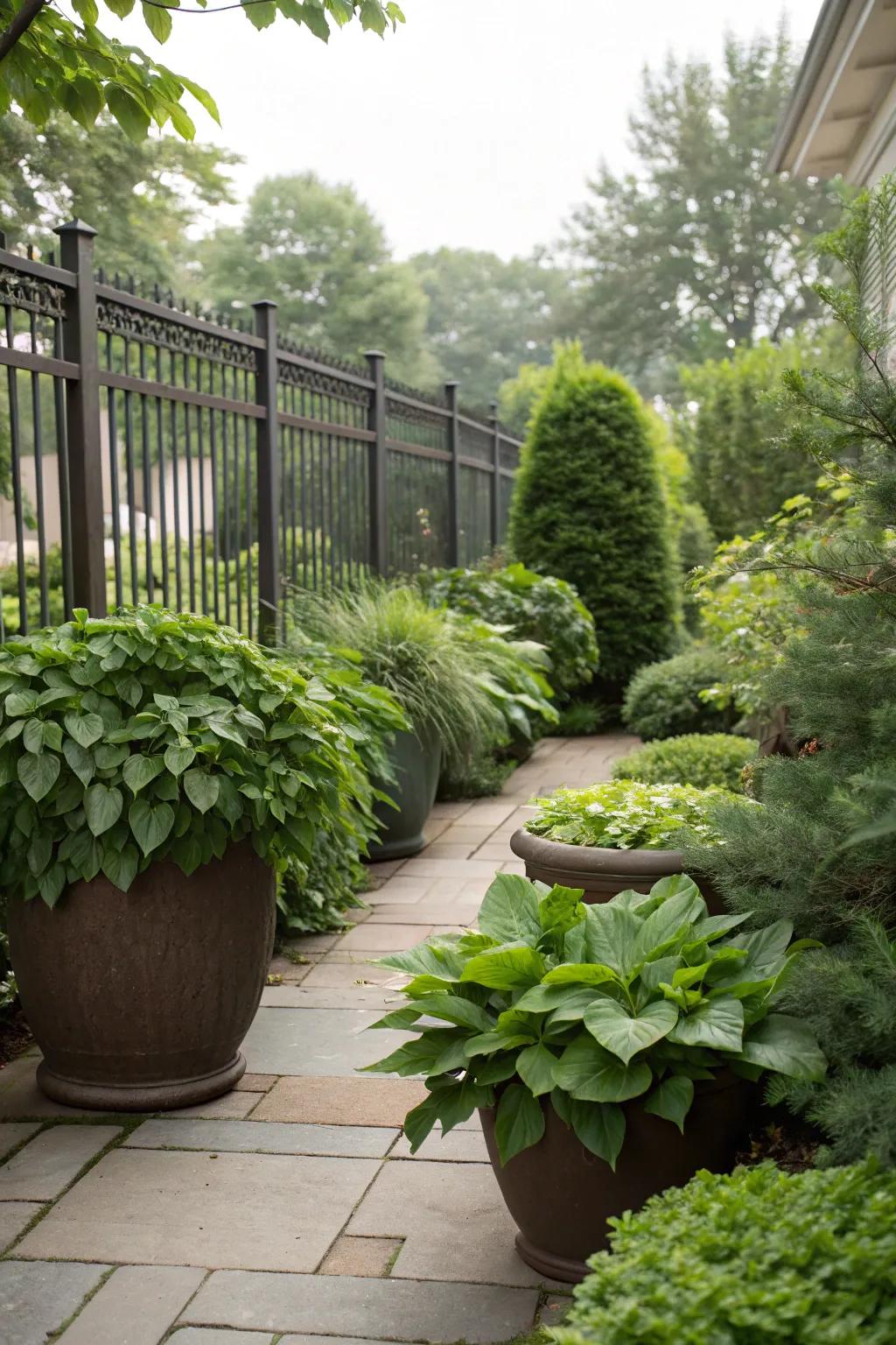 Large crated plants delivering adaptable privacy solutions.