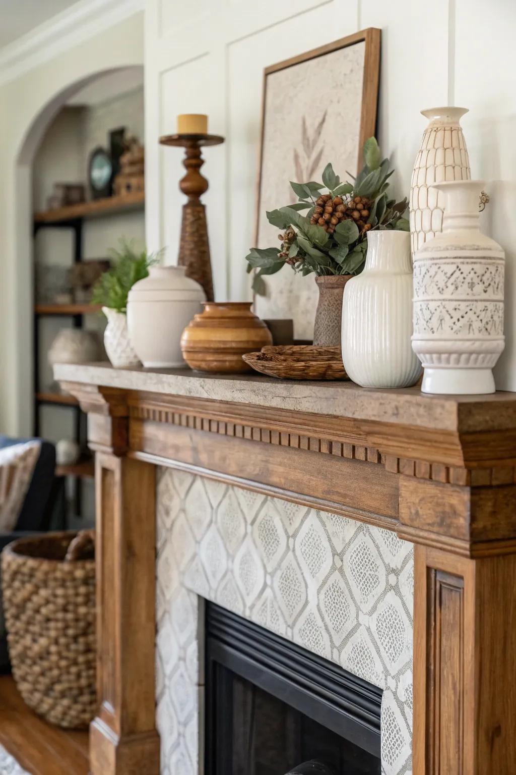 A high mantel presenting a mix of textures for added dimension and interest.