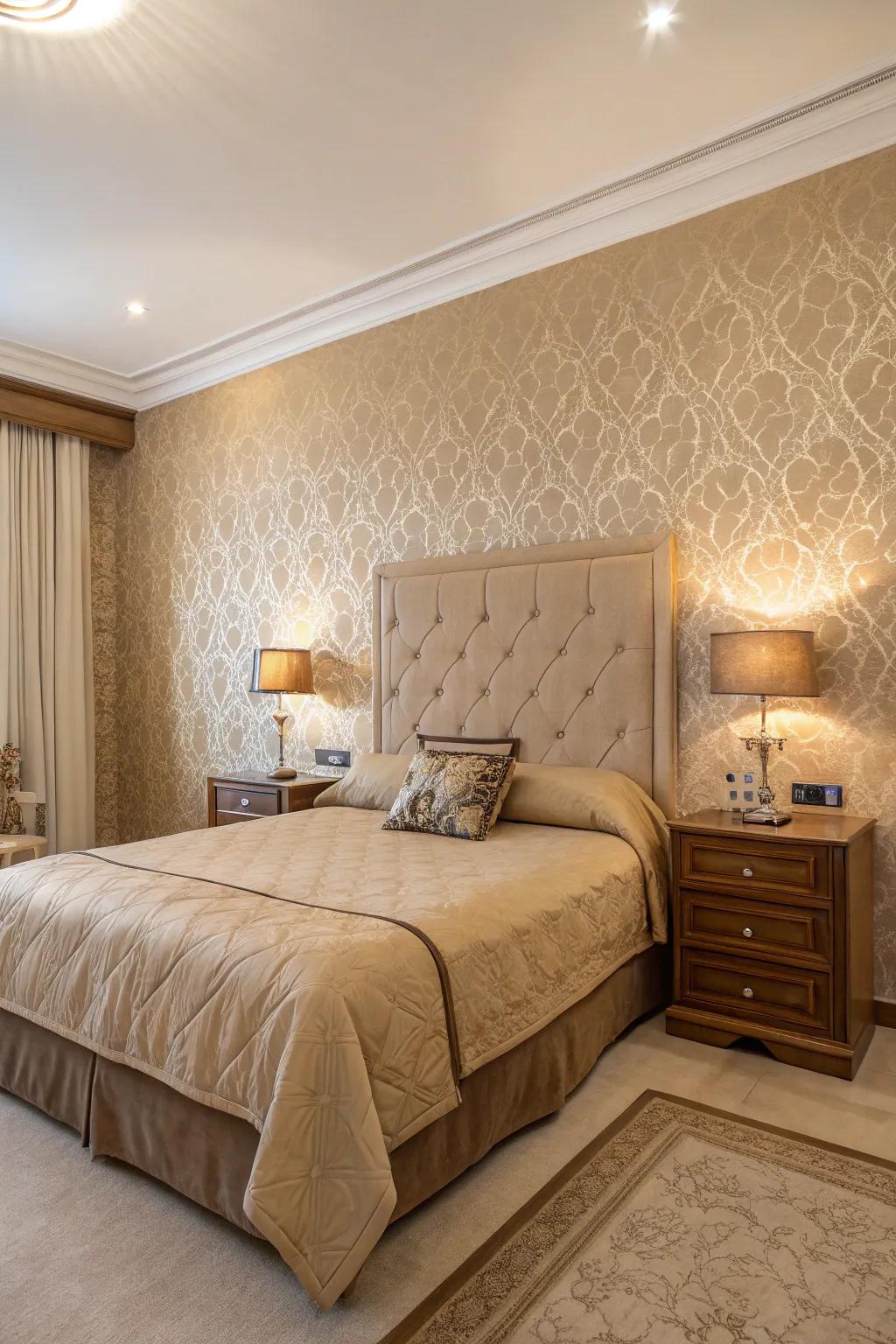 The space is given texture and character by the tan-colored wallpaper.