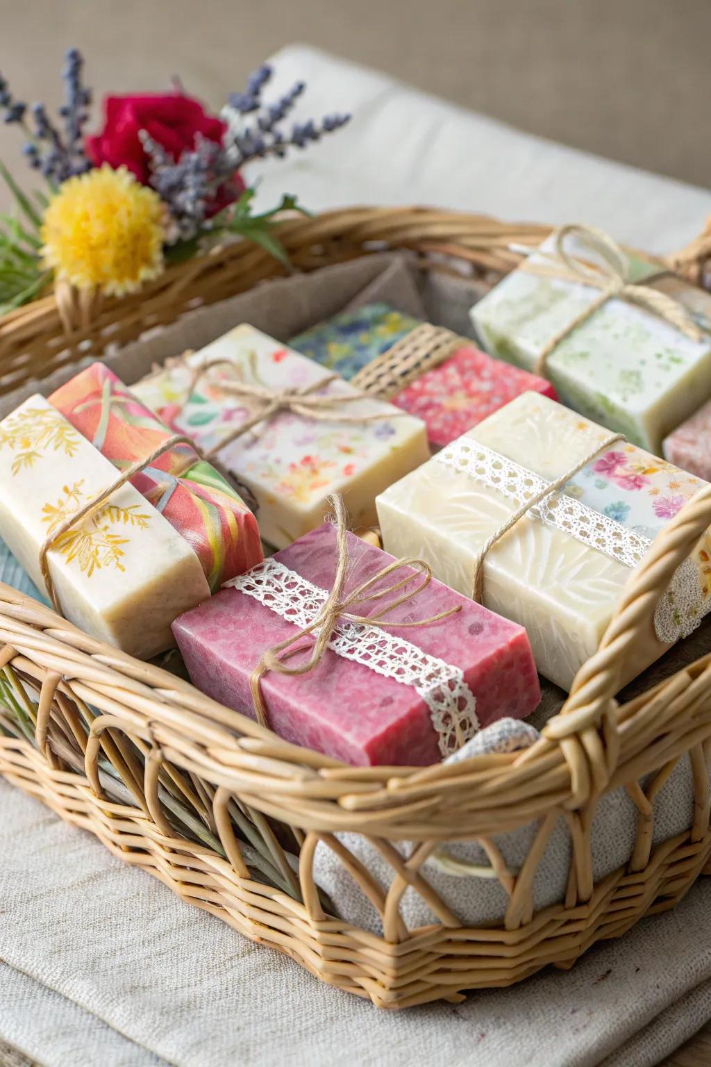 Handcrafted cleansing bars contribute a luxurious touch.