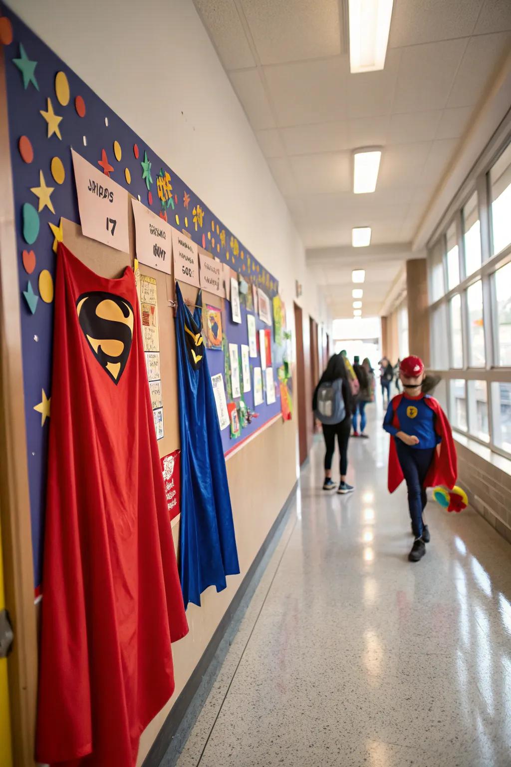 A superhero-themed board celebrating teachers' superpowers.