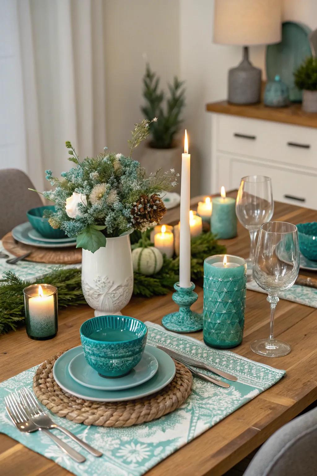 Seasonal azure decorations keep the dining room fresh