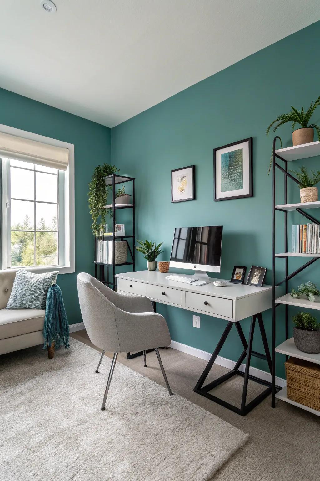 A creative and focused home office featuring teal walls.
