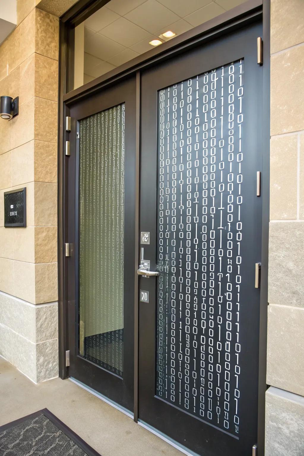 A door featuring subtle digital code patterns.