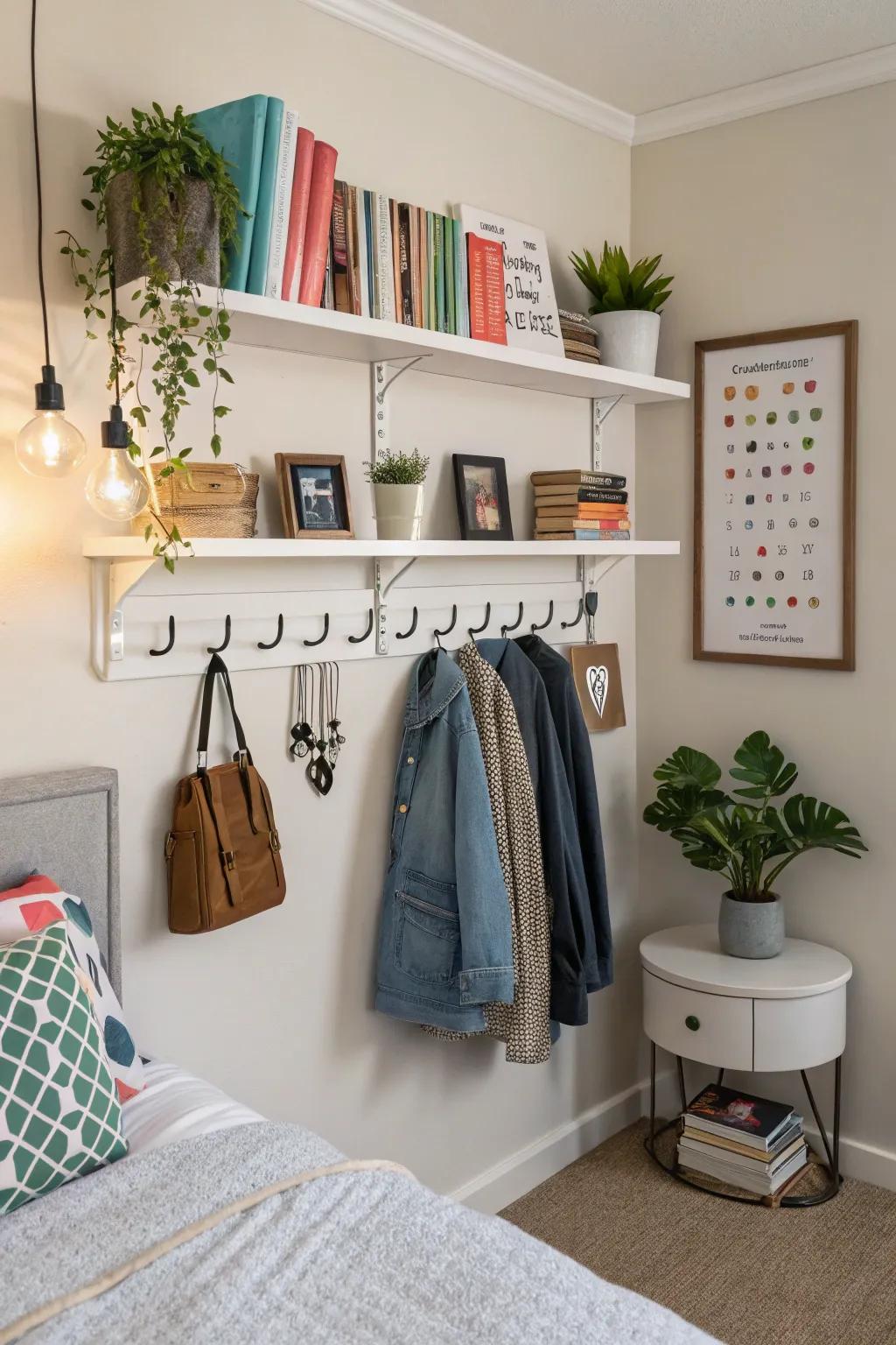 Wall-mounted storage optimizes area without compromising style.