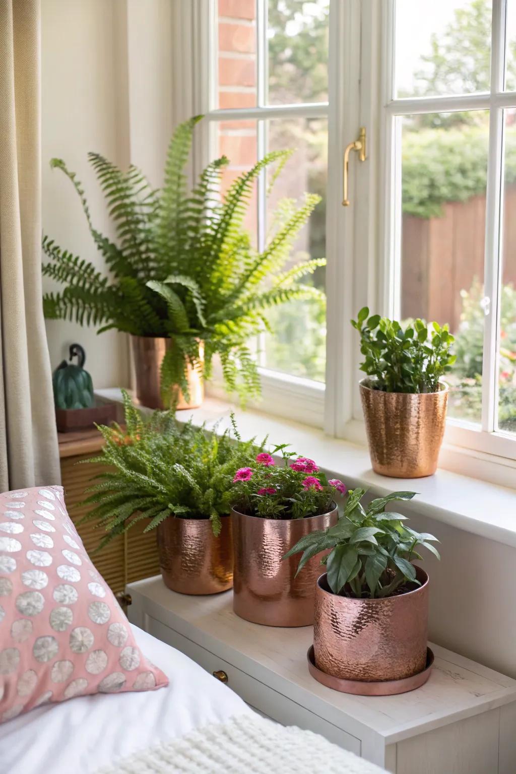 Plants in rose gold holders offer a refreshing and stylish accent.