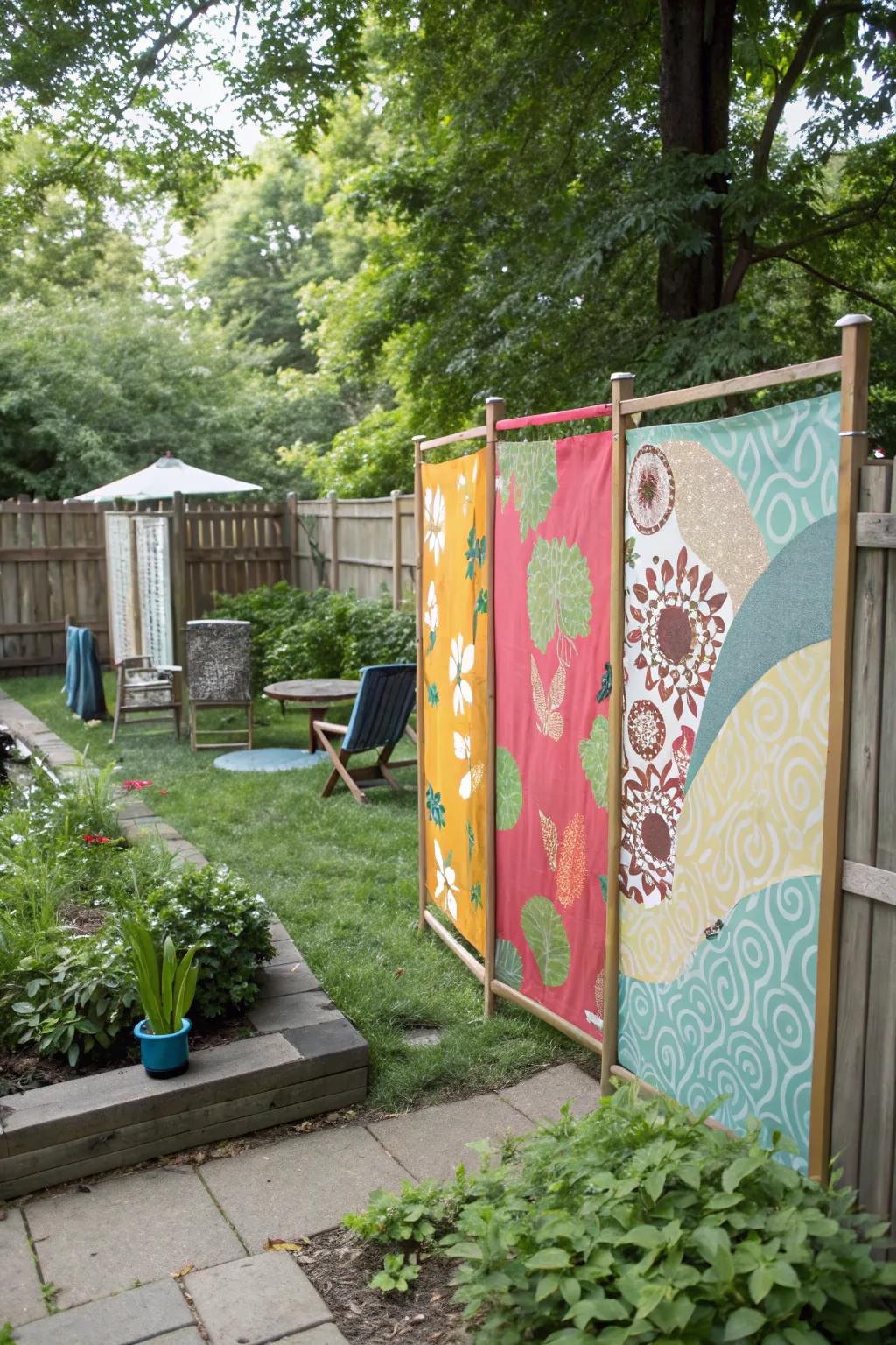 Material panels bring color and privacy to garden spaces.