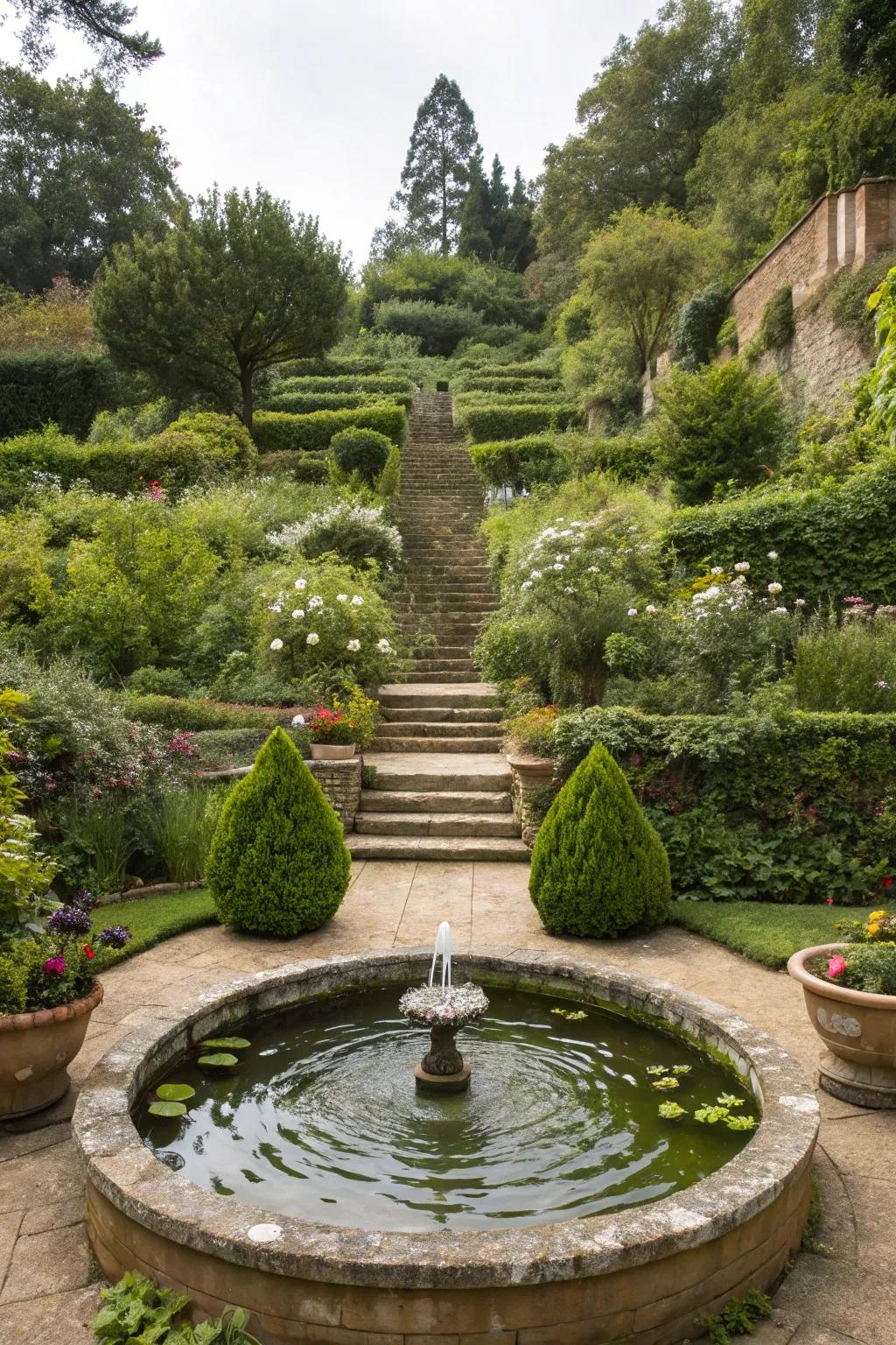 A serene water element in a terraced garden, crafting a calming atmosphere.