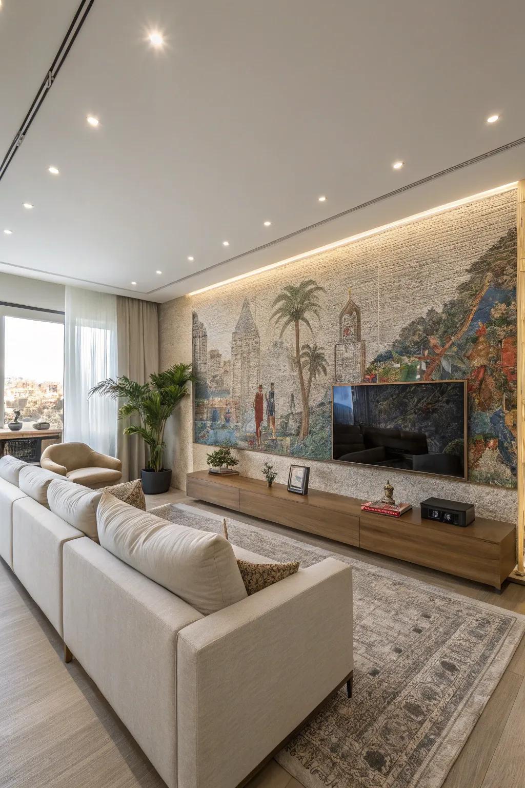 A wall art piece that has texture makes a daring statement in this modern living space.