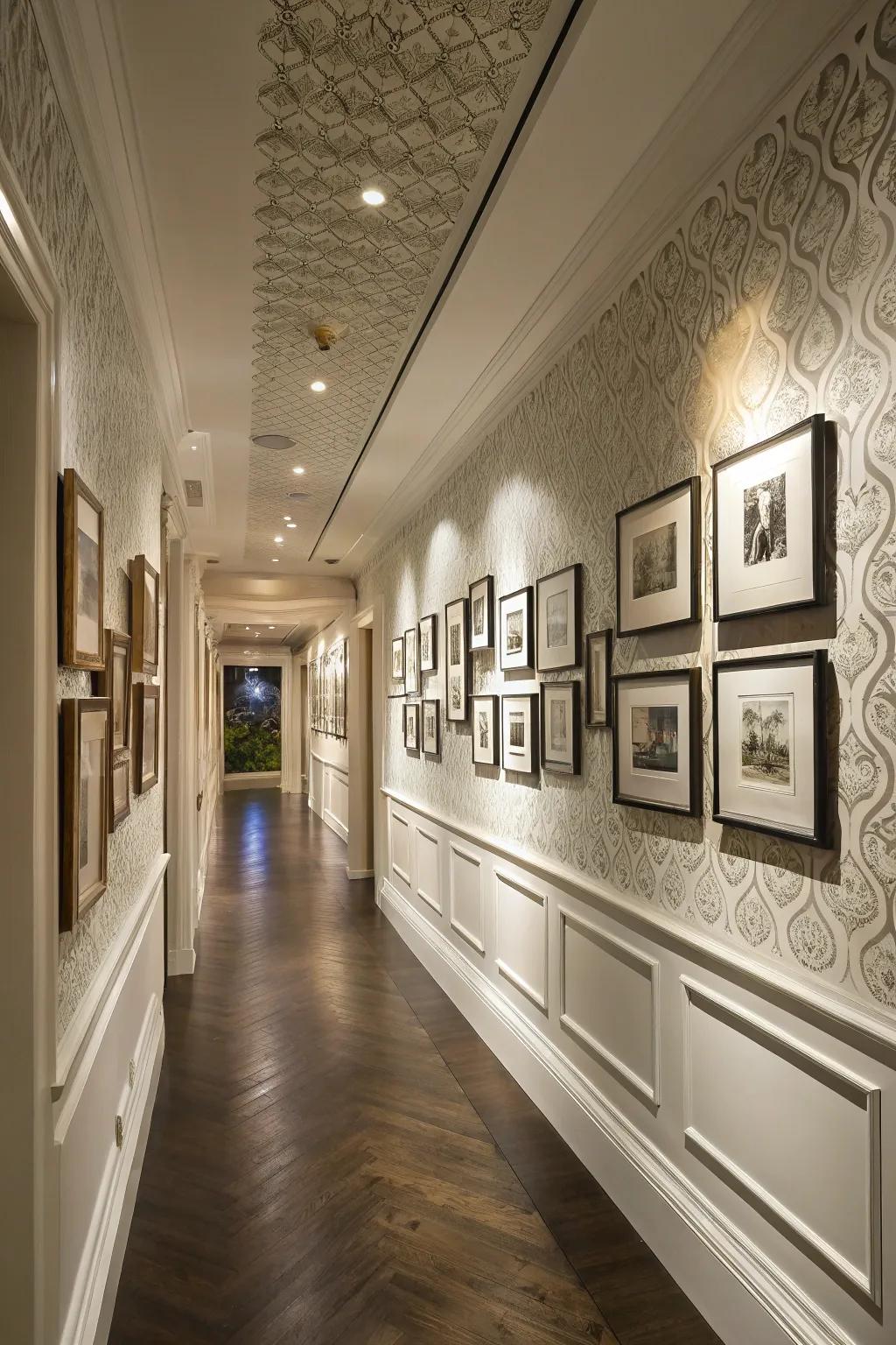 A hallway enhanced with picture frame wall paneling.