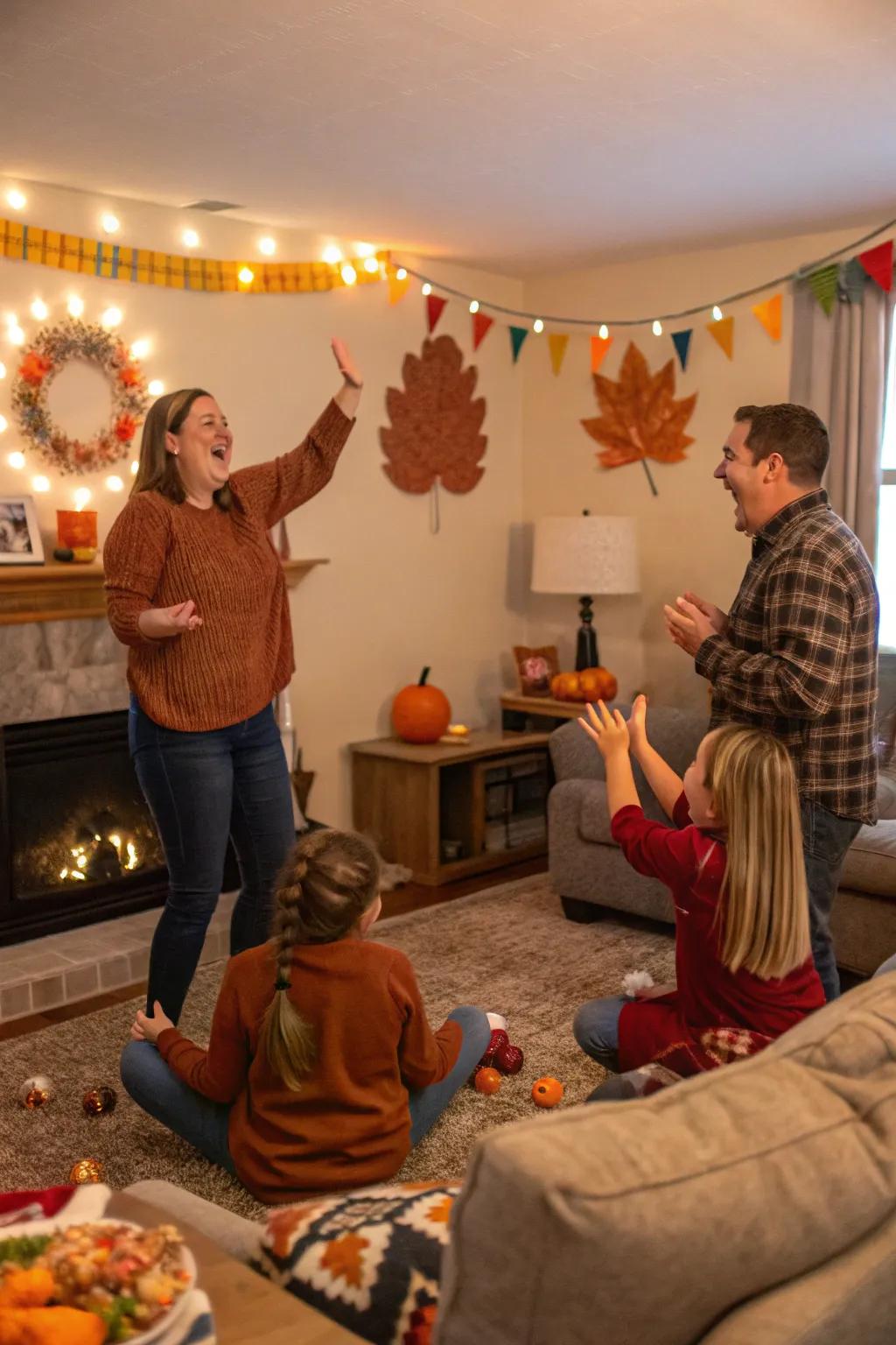 Family enjoying an animated game of Thanksgiving enactments.