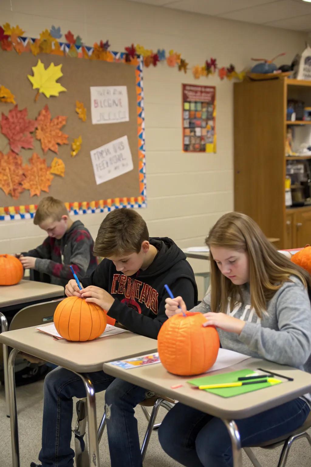 Paper pumpkins add fun to classroom desks.