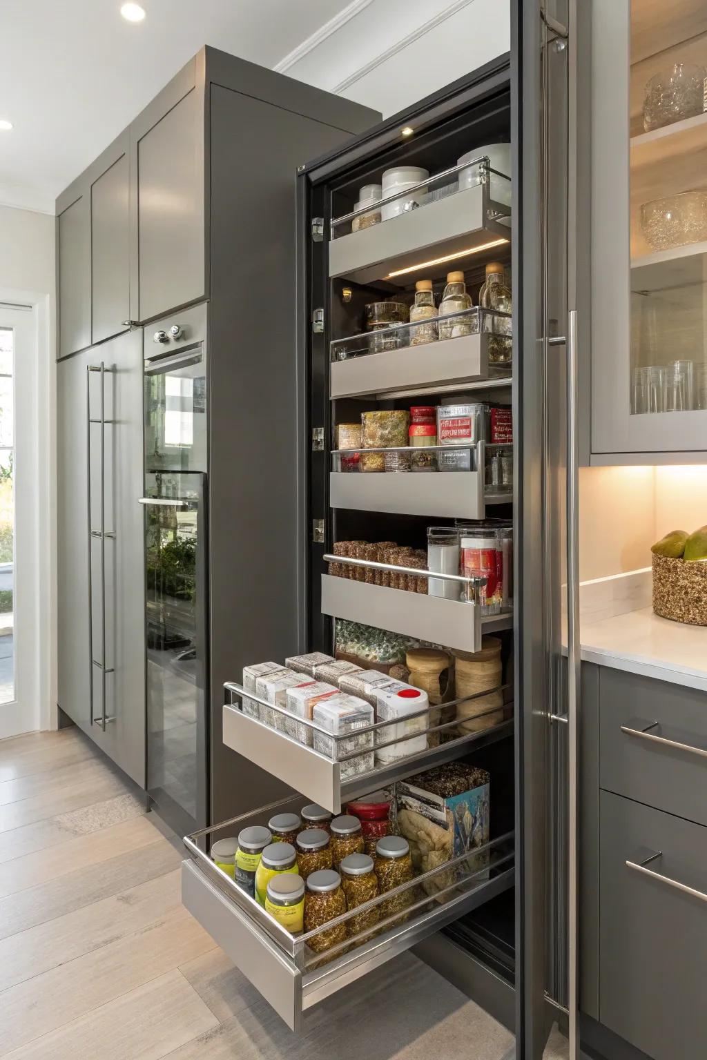 A compact pantry cabinet that provides ample storage.