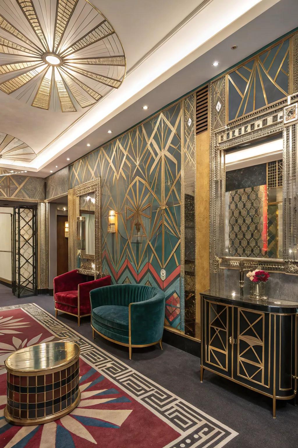 Art deco drama showcased through bold patterns and deluxe accents.