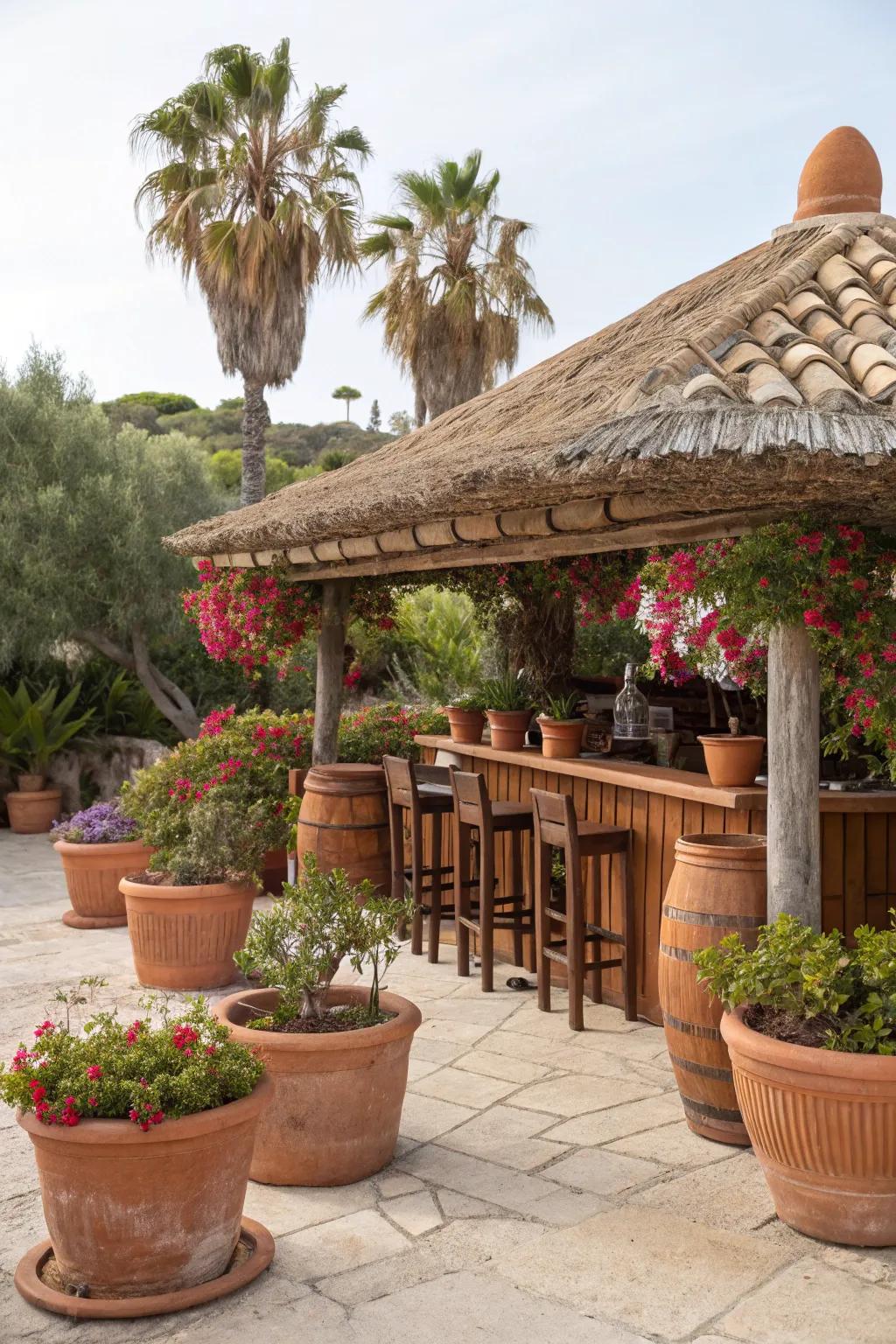 Tiki bars with tiled roofs have Mediterranean beauty.
