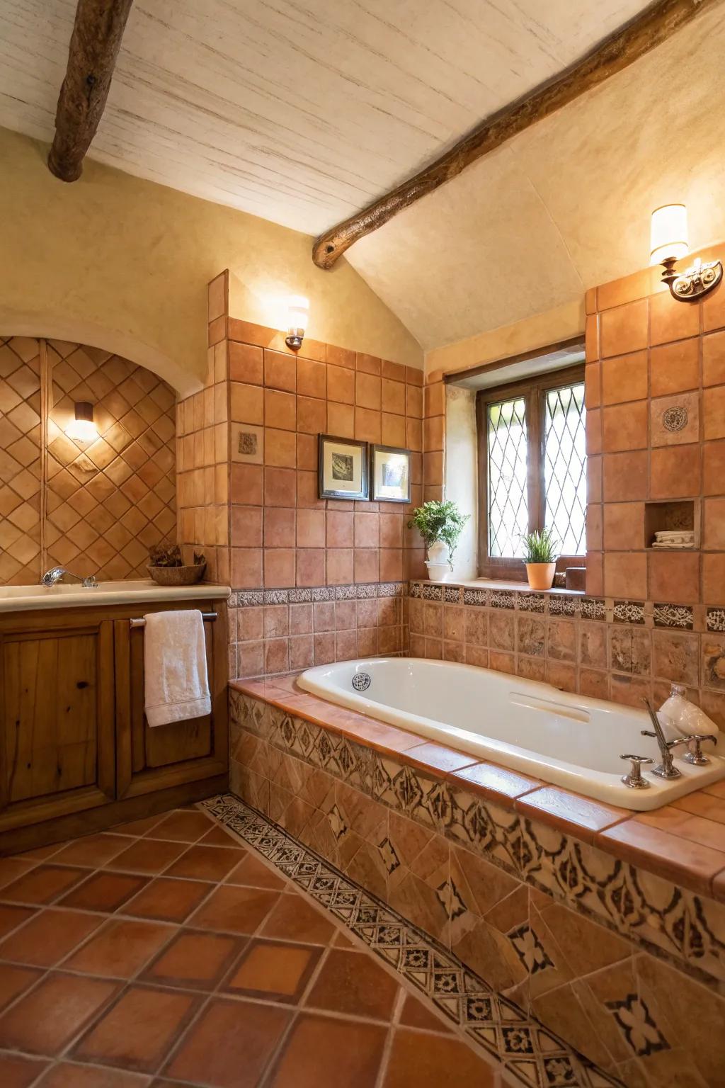 Terracotta tiles give a cozy, earthy touch to your bathroom.