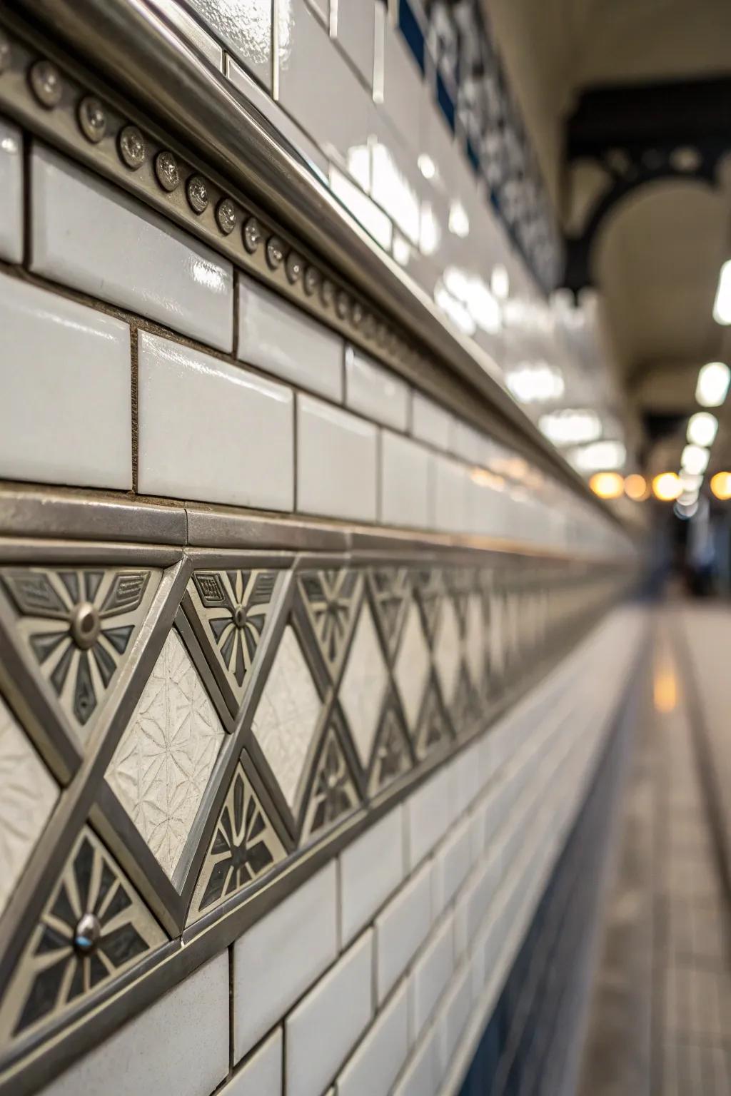 Metallic border profiles add striking visual separations in tiling designs.