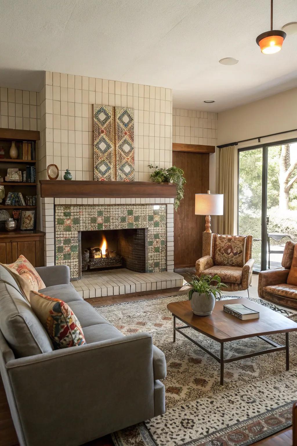 Retro panels bring mid-century modern magic to this stylish fireplace.