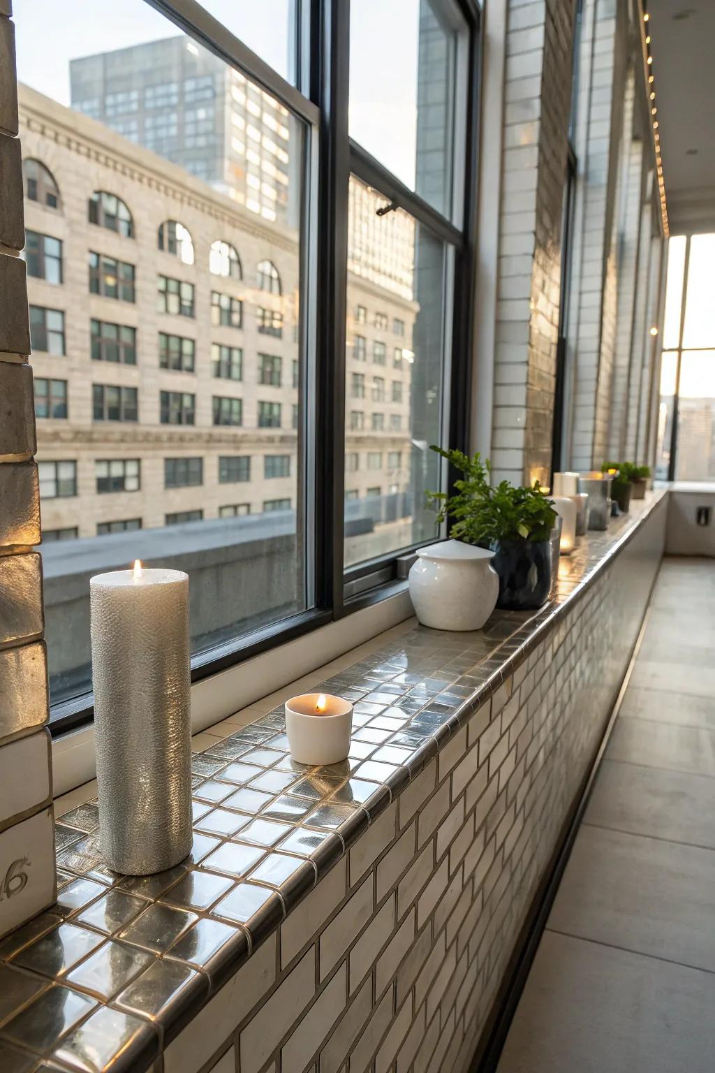 Bright metal-like tiles add a sleek, modern touch to this city loft window sill.