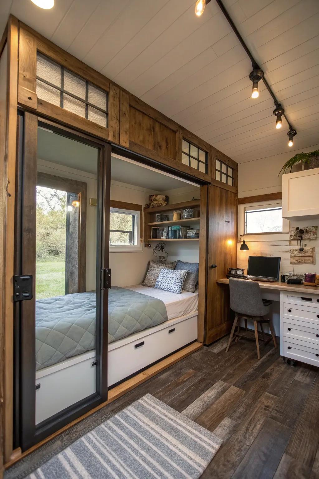 Sliding doors offering a space-saving solution in the tiny bedroom.