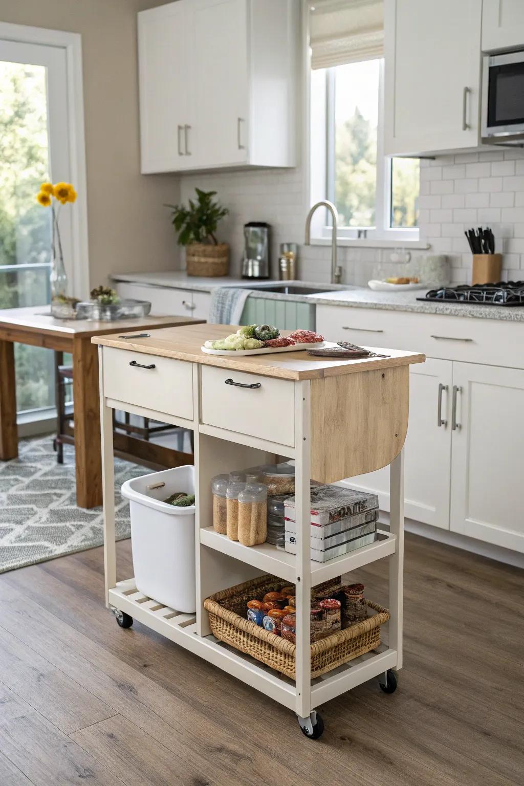 A portable island contributes adaptability and functionality to a small cooking space.