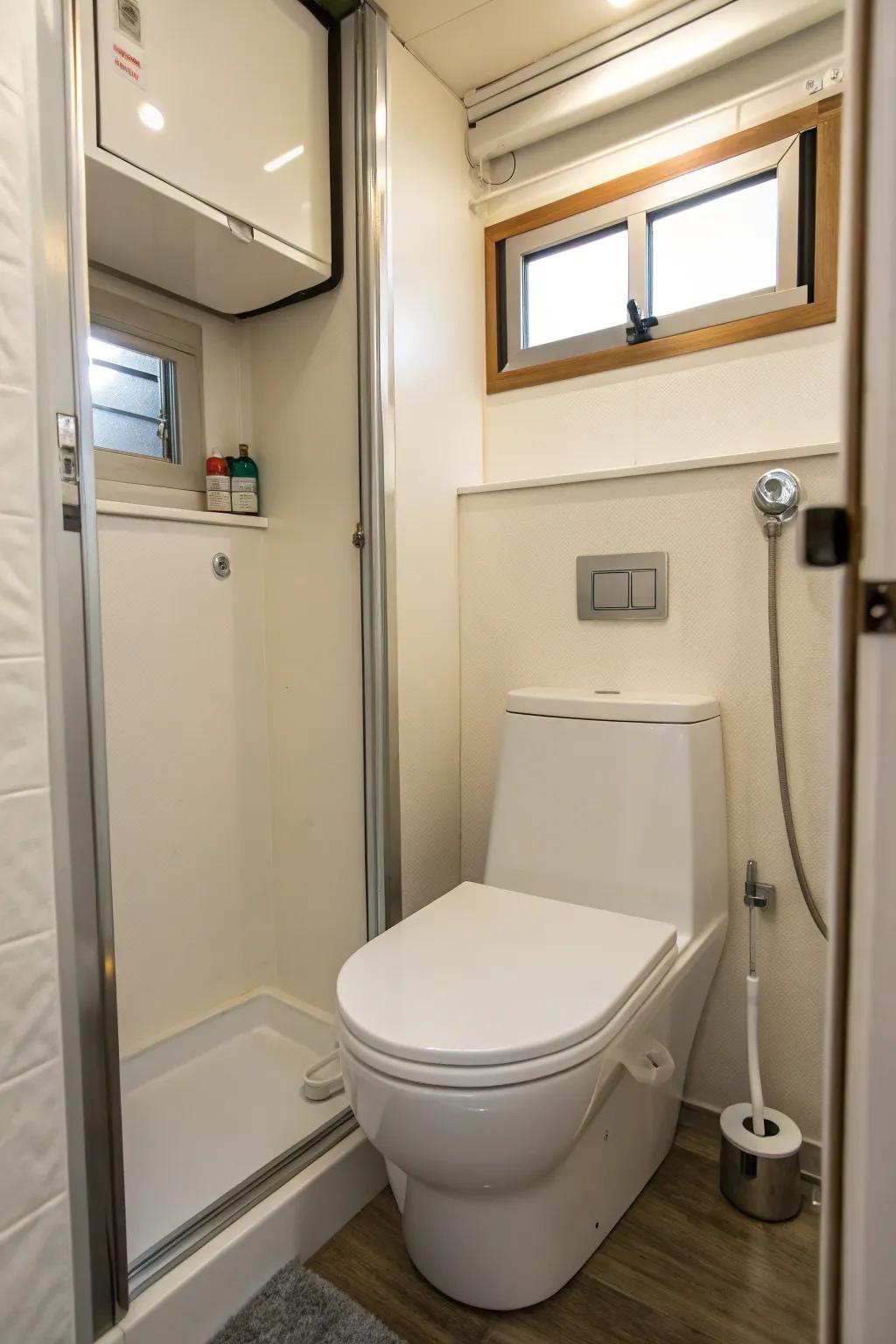 An innovative shower-toilet combo makes the most of a small bathroom.